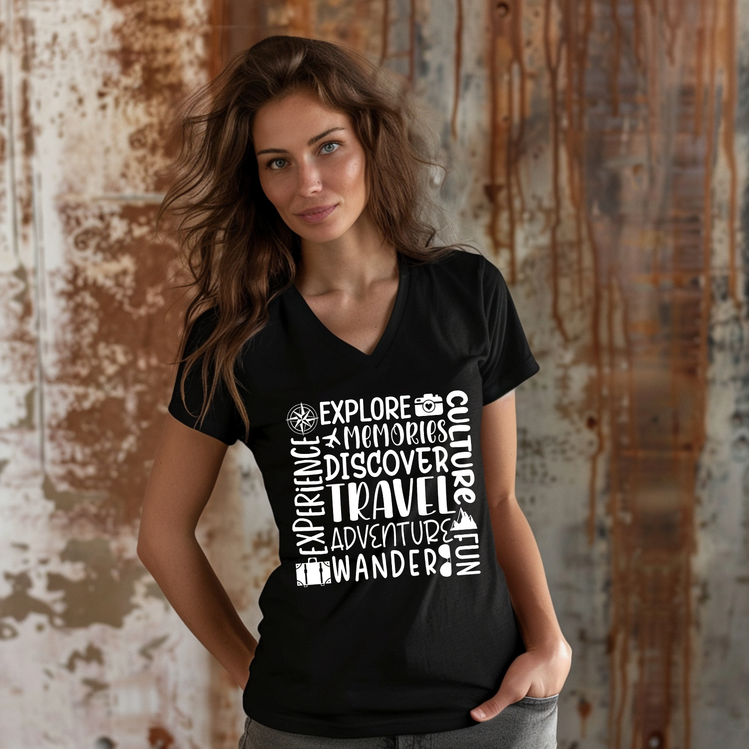Travel Words V-Neck Tee