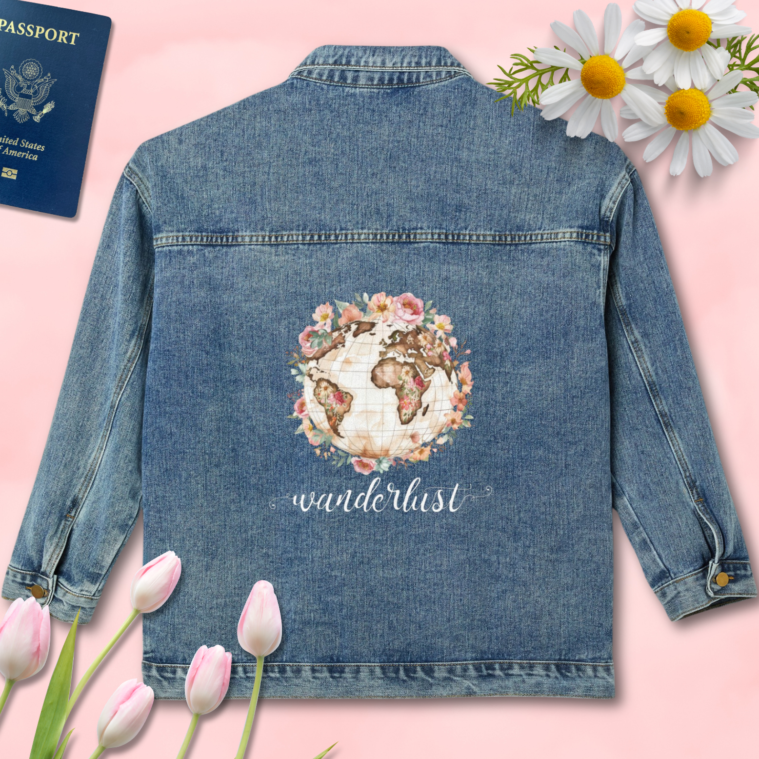 Wanderlust Watercolor Floral World Glob Women's Denim Jacket